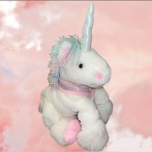 Vtg 2001 Commonwealth Toy Unicorn Plush White Pink  Rainbow Yarn Hair Iridescent
